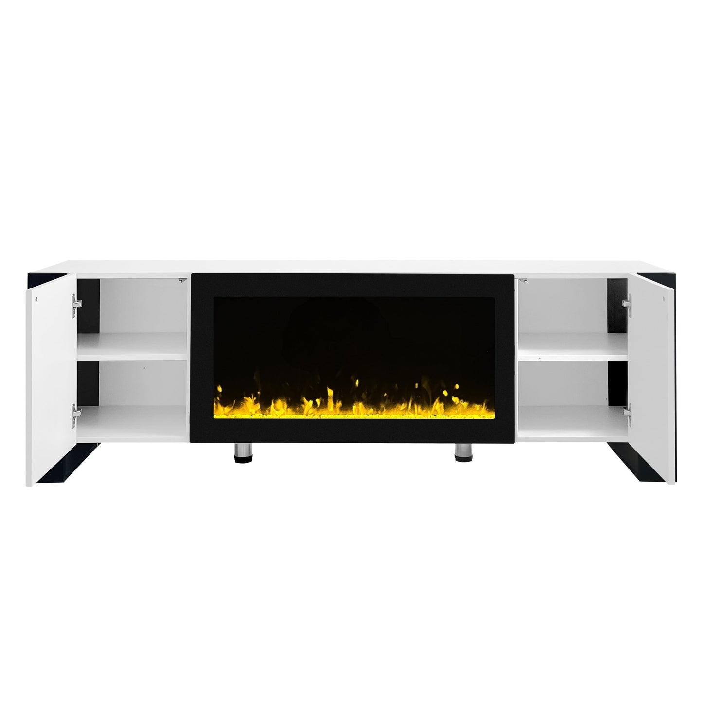 ON-TREND Modern TV Stand with 34.2' Non-heating Electric Fireplace, High Gloss Entertainment Center with 2 Cabinets, Media Console for TVs up to 78', White
