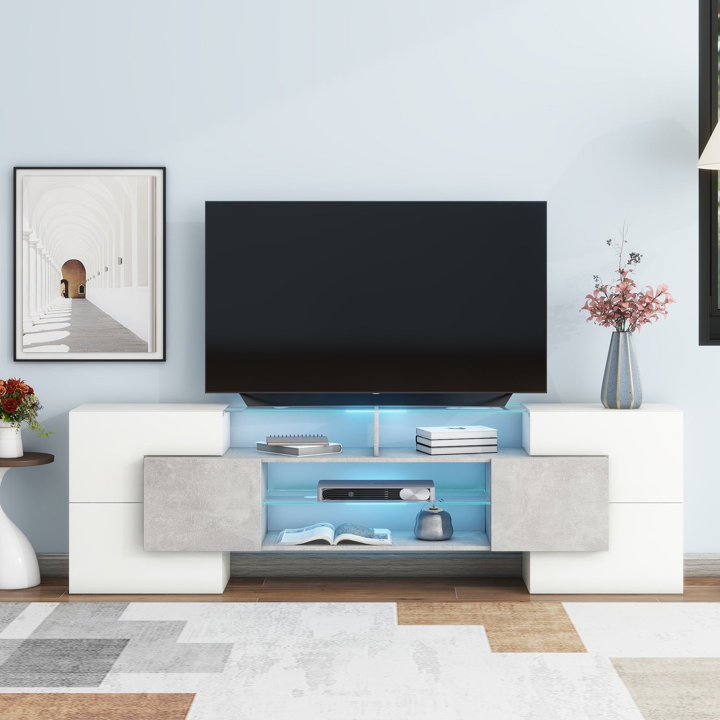 ON-TREND Unique Shape TV Stand with 2 Illuminated Glass Shelves, High Gloss Entertainment Center for TVs Up to 88', Versatile TV Cabinet with LED Color Changing Lights for Living Room, Grey