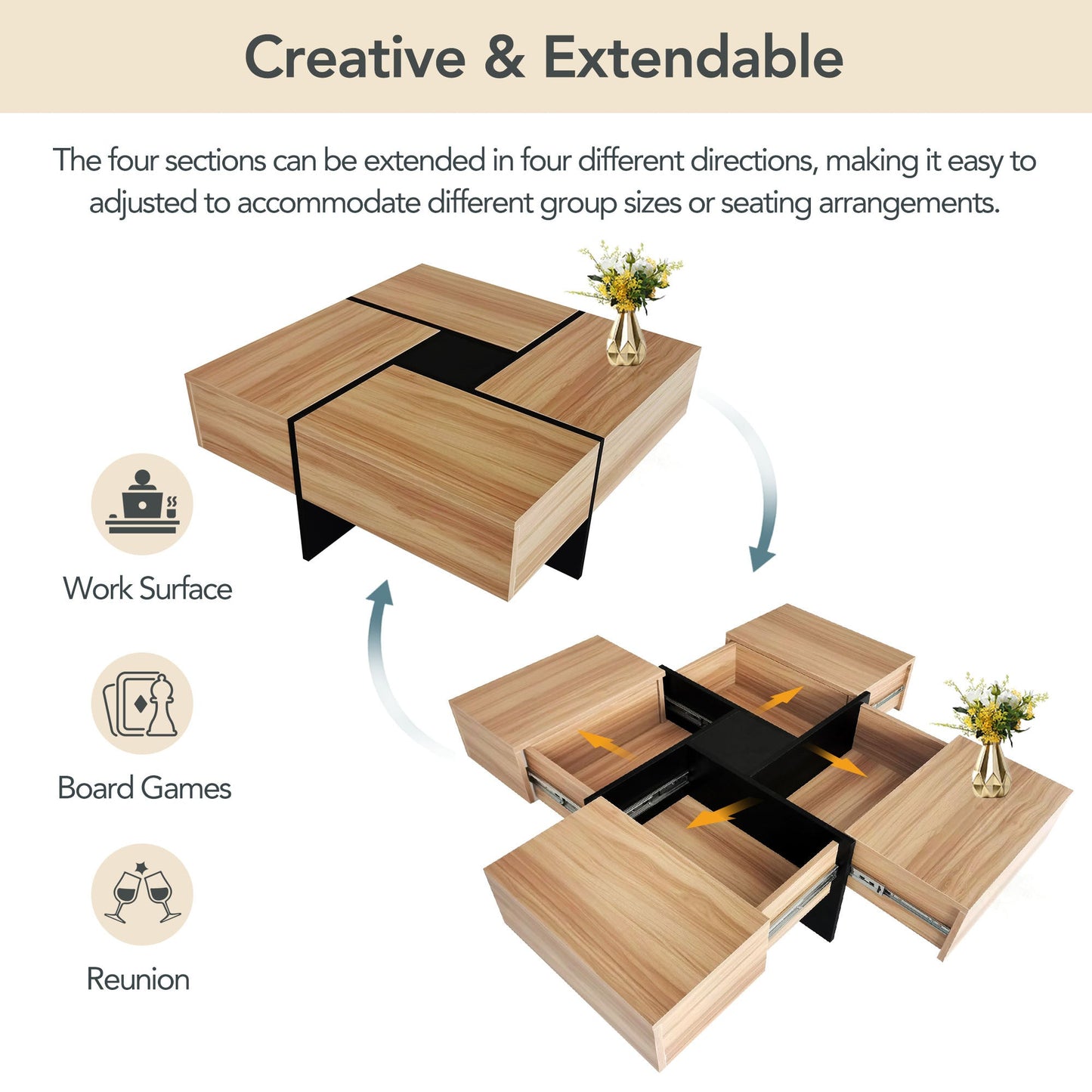 ON-TREND Unique Design Coffee Table with 4 Hidden Storage Compartments, Square Cocktail Table with Extendable Sliding Tabletop, UV High-gloss Design Center Table for Living Room, 31.5'x 31.5'