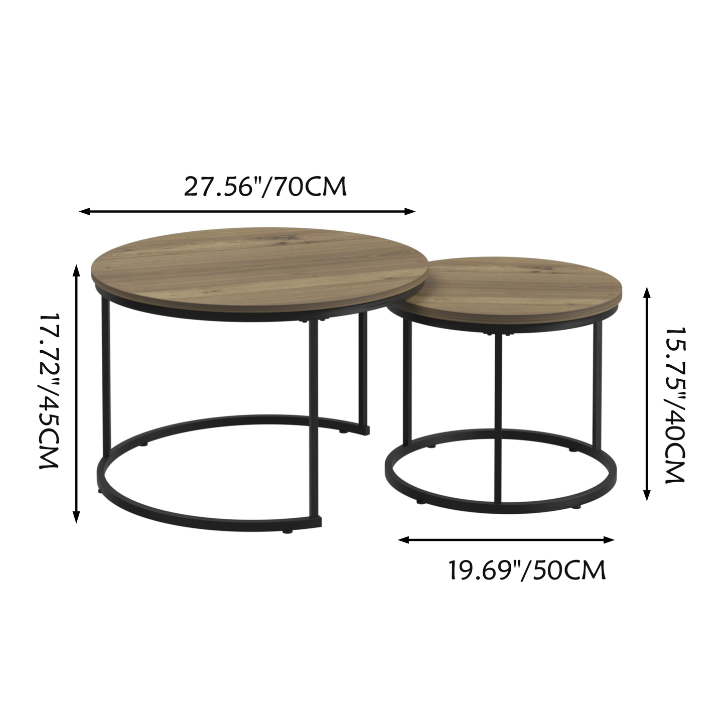 Nesting Coffee Table Set of 2, 27.6inch Round Coffee Table Industrial Wood Finish with Sturdy Metal Frame, End Table Side Tables for Living Room Bedroom Balcony Yard (Brown)
