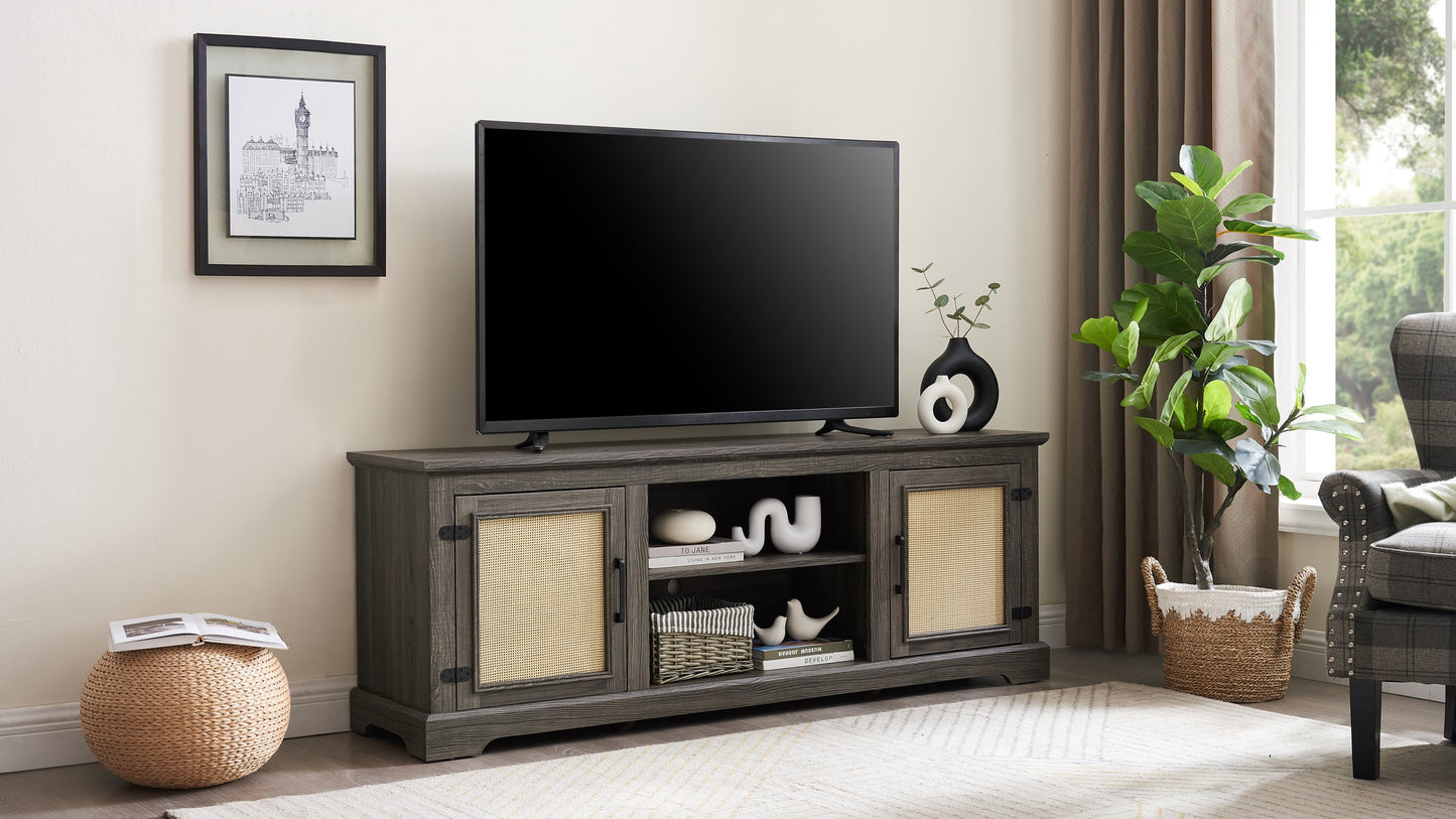 Farmhouse Rattan TV Stand Console Table for TVs up to 70 Inches, TV Console Table with 2 Storage Shelves, 2 Natural Rattan Door Cabinets, 65'W*15.55'D*23.86'H, Gray