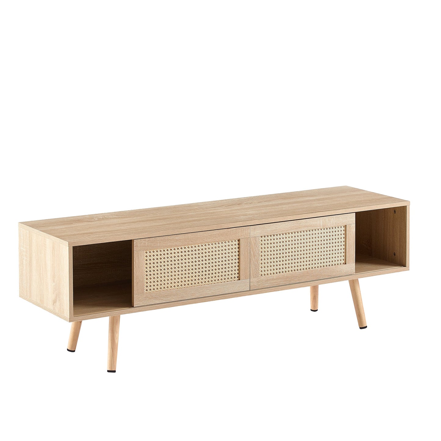 Natural Rattan TV Cabinet with Double Sliding Doors, Adjustable Shelf, Solid Wood Legs, 55.12 Inches