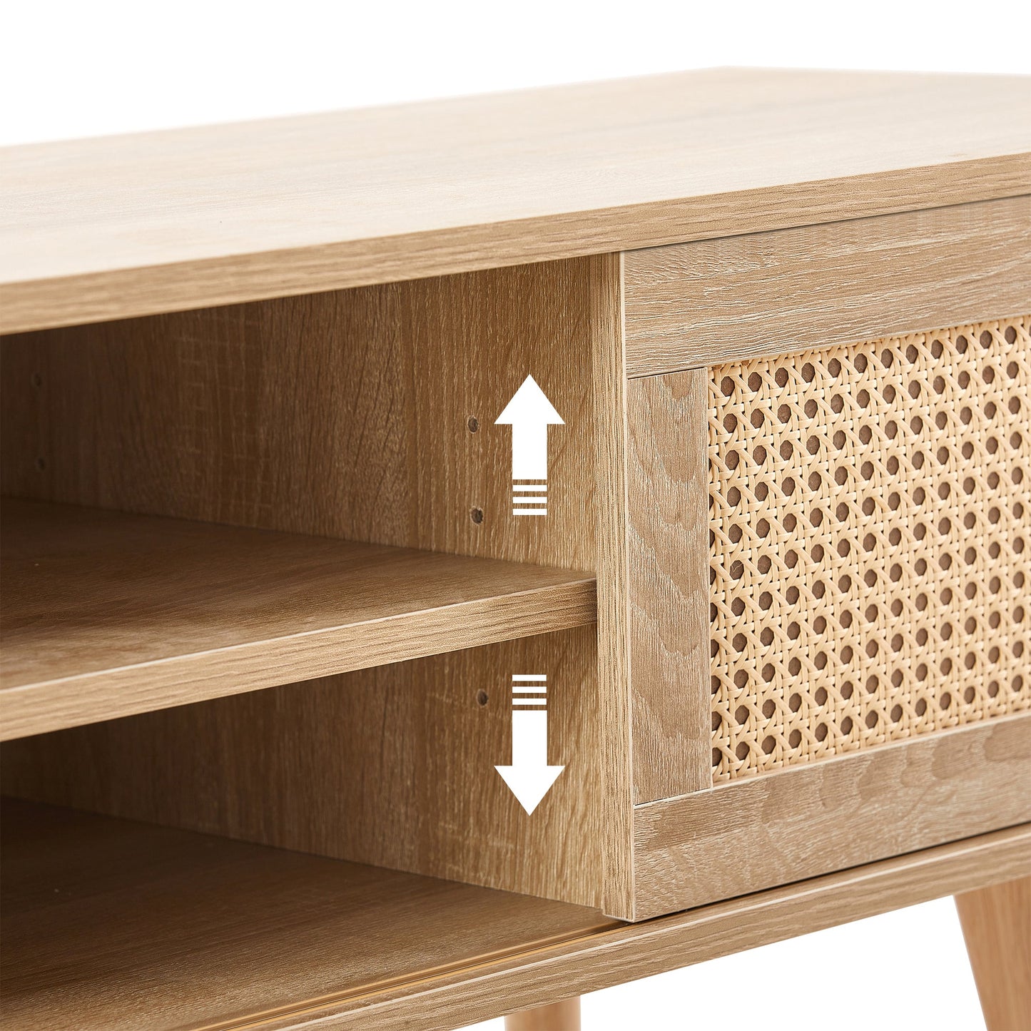 Natural Rattan TV Cabinet with Double Sliding Doors, Adjustable Shelf, Solid Wood Legs, 55.12 Inches
