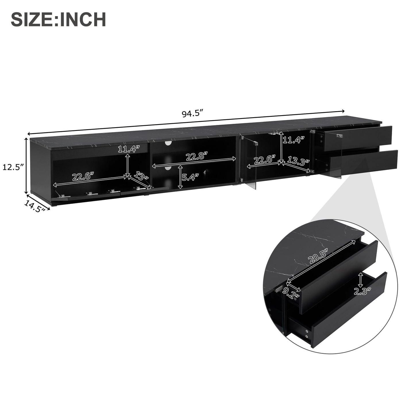 ON-TREND Modern APP Controlled LED TV Stand for TVs Up to 105'', Faux Marble Tabletop Media Console with Tempered Glass Doors, Entertainment Center with 2 Drawers & Cabinets for Living Room, Black