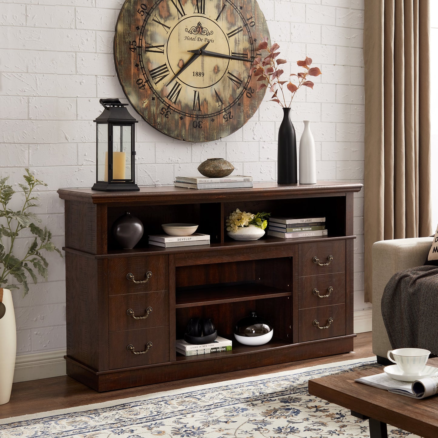 Traditional TV Media Stand Farmhouse Rustic Entertainment Console for TV Up to 65' with Open and Closed Storage Space, Espresso, 60'W*15.75'D*34.25'H