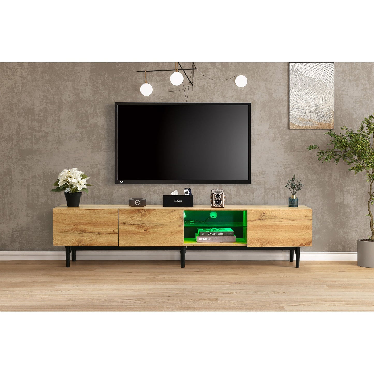 Modern TV Stand with 4 Cabinets& Open Shelves, Color-matching Media Console Table for TVs up to 80'' with LED Light, Entertainment Center with Drop Down Door for Living Room, Bedroom, Home Theatre