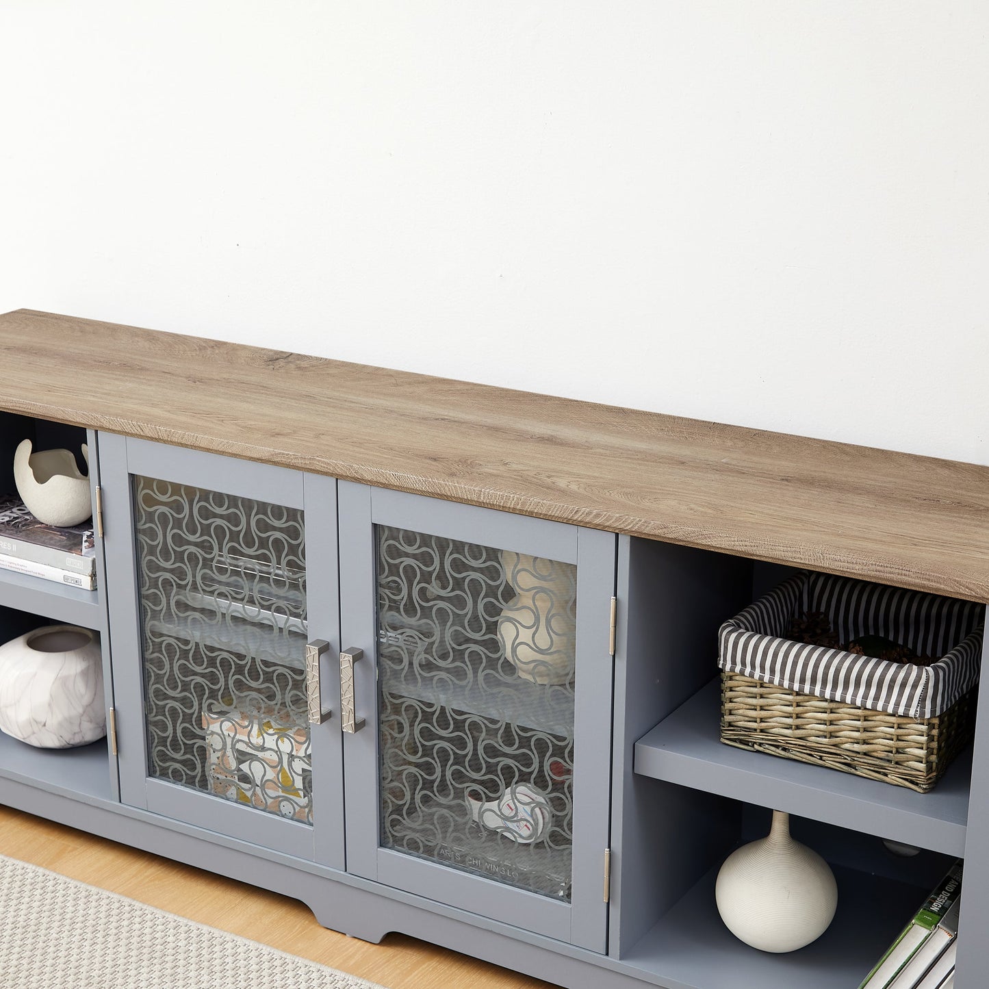Modern Farmhouse TV Media Stand, Large Home Entertainment Console, for TV Up to 80'', with Open Shelves and Glass Door Cabinets, Light Blue and Light Oak, 70'W*15.55'D*26.85'H