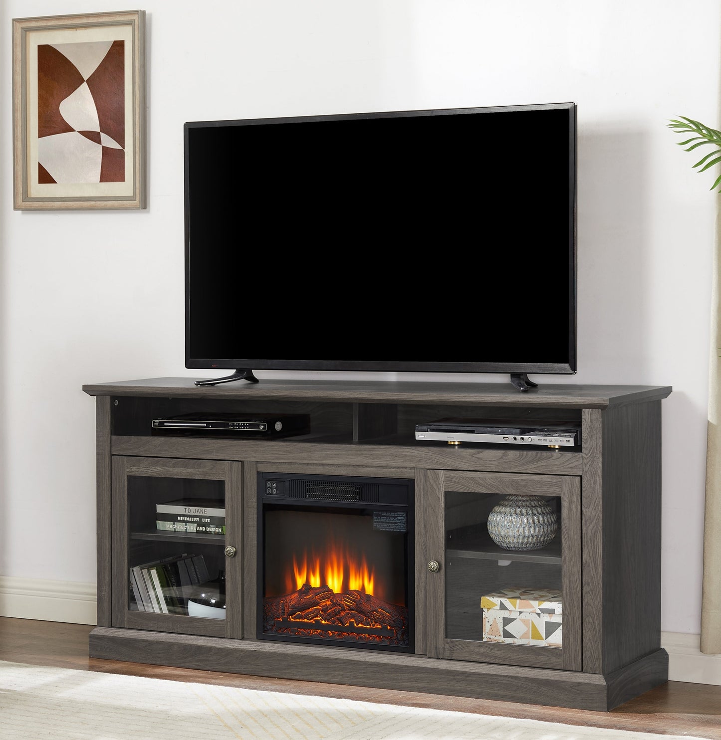 Retro TV Stand for 65'' TV, TV Console Cabinet with Storage, Open Shelves Entertainment Center with 18' Fireplace Insert for Living Room Dark Walnut 60'W*15.75'D*29'H