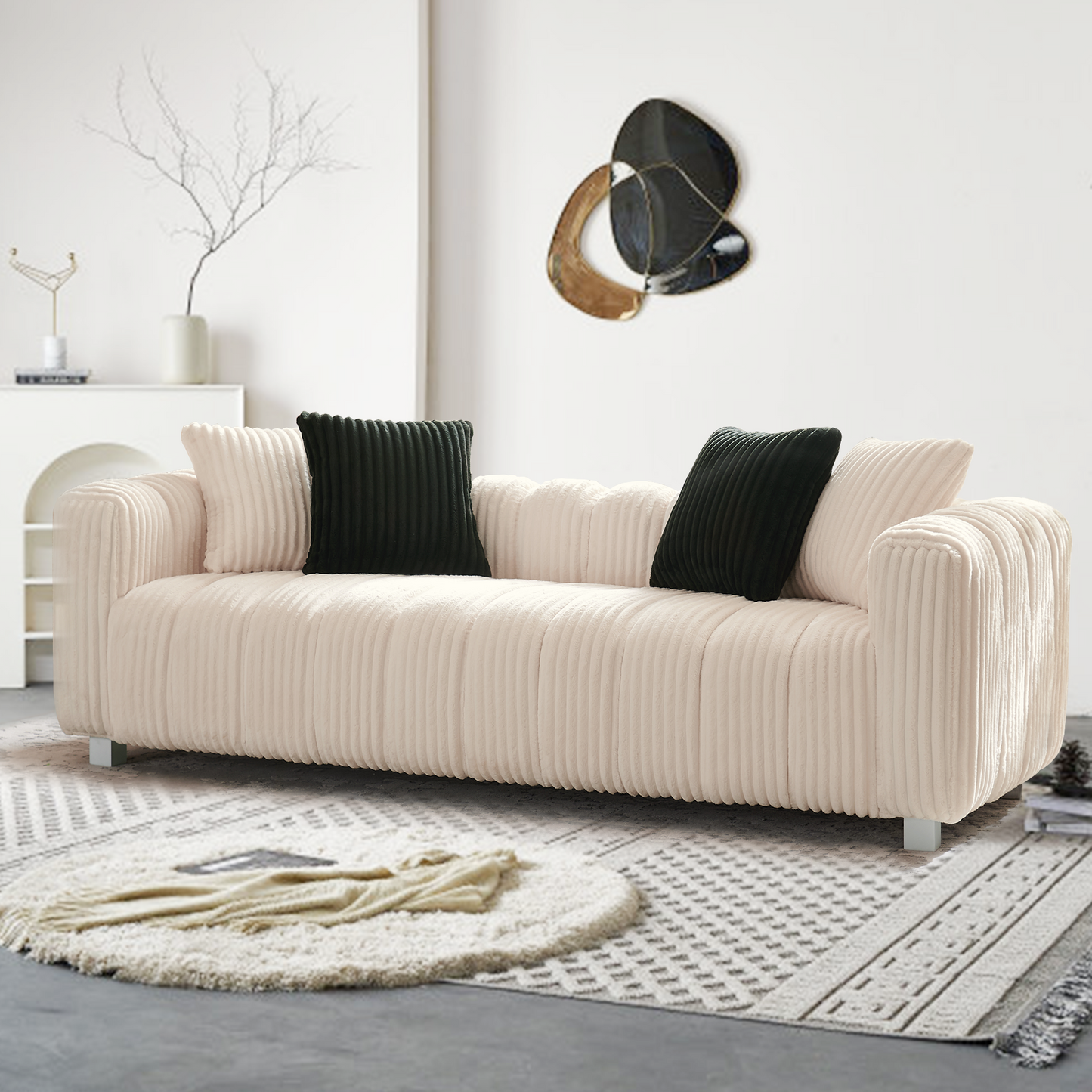 82.68-inch premium corduroy two-seater sofa with metal legs and cushions, suitable for living rooms and bedrooms.