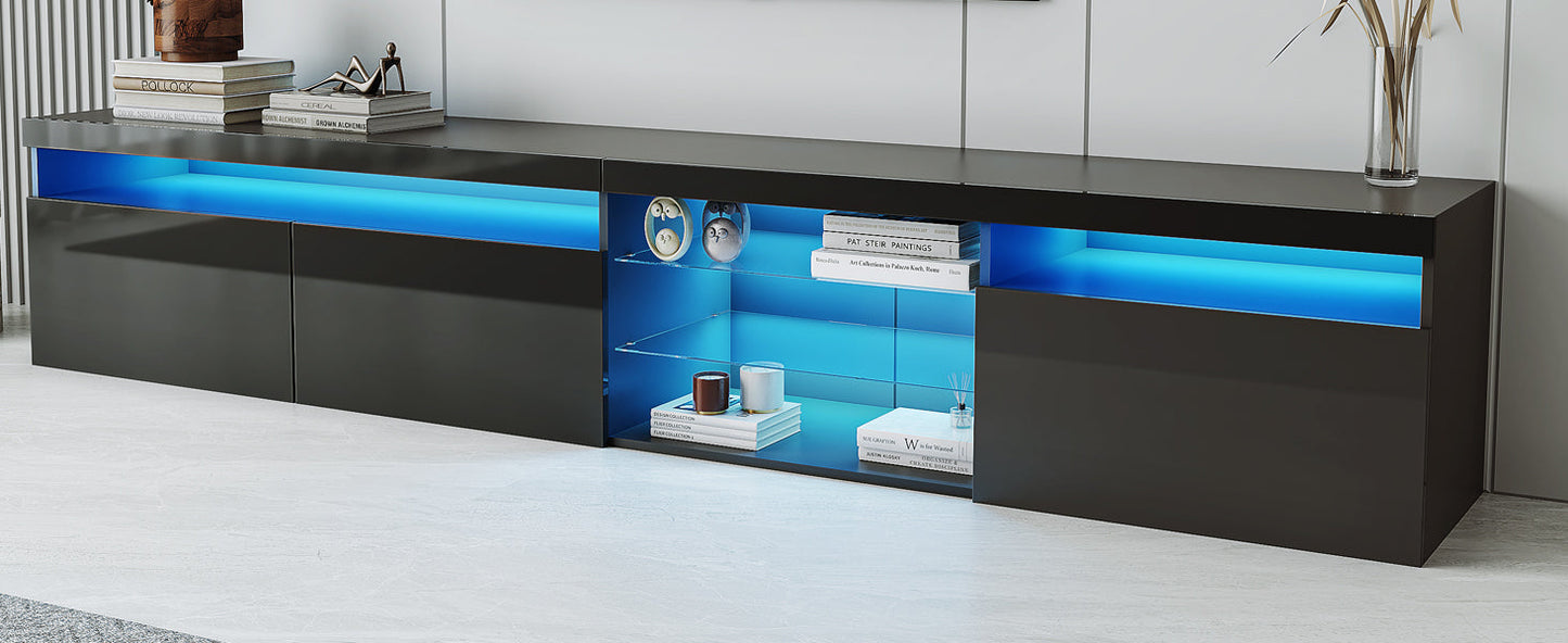 ON-TREND Unique Design TV Stand with 2 Glass Shelves, Ample Storage Space Media Console for TVs Up to 105', Versatile TV Cabinet with LED Color Changing Lights for Living Room, Black