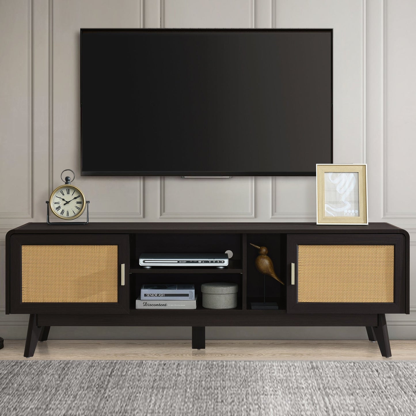 63'' Dark Rattan TV Stand with 2 Storage Cabinets for 65 Inch TV, Entertainment Center with Solid Wood Legs, Media Console Table for Living Room, Bedroom