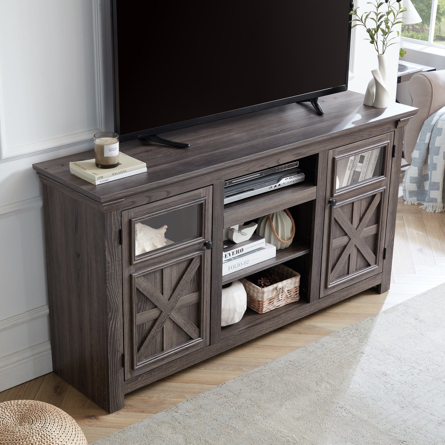 2 Doors Cabinet Farmhouse Cabinet, Farmhouse TV Stand Barn Design,Modern Farmhouse TV Media Stand, Large Barn Inspired Home Entertainment Console,GREY, 60.23'W*15.35'D*31.7'H