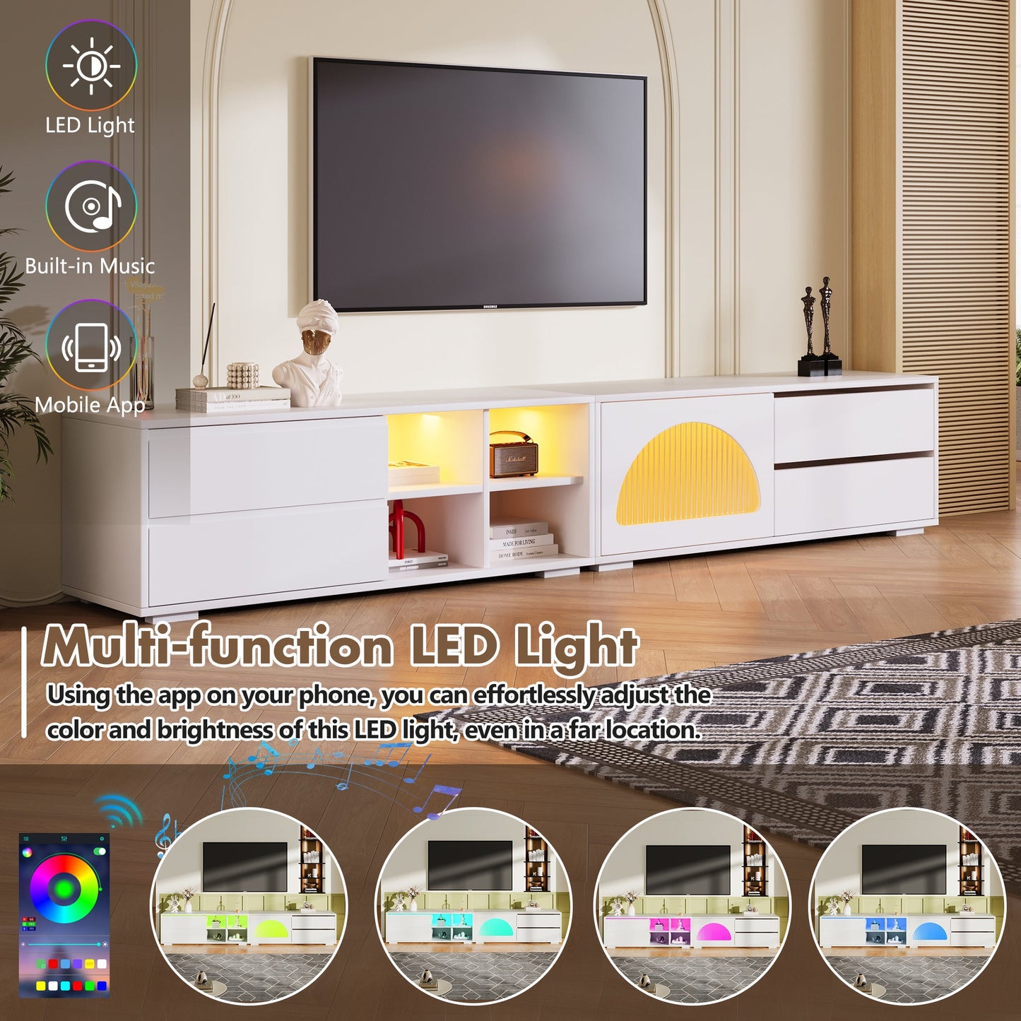 ON-TREND Modern TV Stand with Fluted Glass Door for TVs Up to 100', Media Console with Sliding Door & 2 Drawers, Free-Combination Entertainment Center with LED Light for Living Room, Bedroom, White