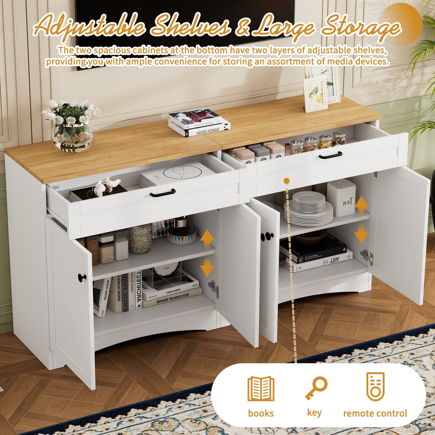 ON-TREND Farmhouse TV Stand with 2 Drawers for TVs Up to 70', Versatile Wood Grain Sideboard with Adjustable Shelves, Mid-Century Buffet Cabinet with Rustic Handles for Living Room/Bedroom, White