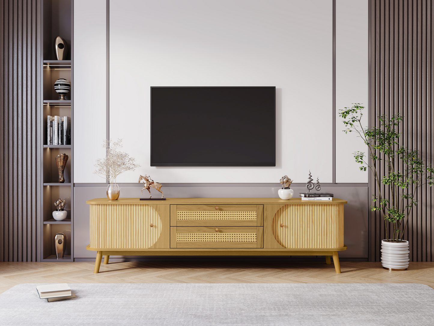 Rattan TV Stand for TVs up to 75'', Modern Farmhouse Media Console, Entertainment Center with Solid Wood Legs, TV Cabinet for Living Room,Home Theatre