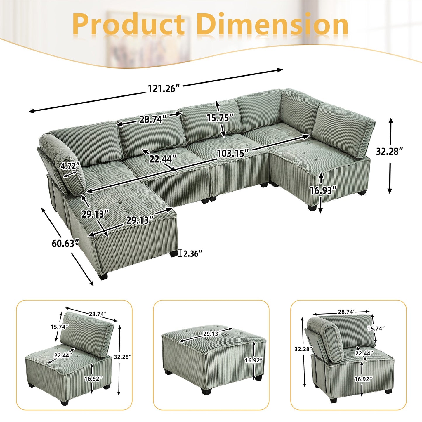 UNITED WE WIN Modular Sectional Sofa U Shaped Modular Couch with Reversible Chaise Modular Sofa Sectional Couch,6- Seat Convertible Sofa,Fit for Living Room
