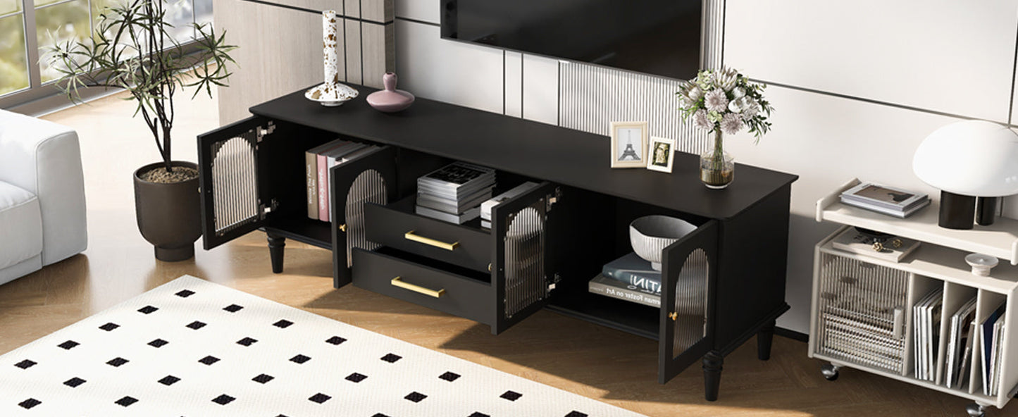 U-Can 68.9'' Retro TV Stand for TVs up to 75 Inches, Entertainment Center Media Console with Fluted Glass Doors and Five Solid Wood Legs for Living room(OLD SKU:N724P198468B)