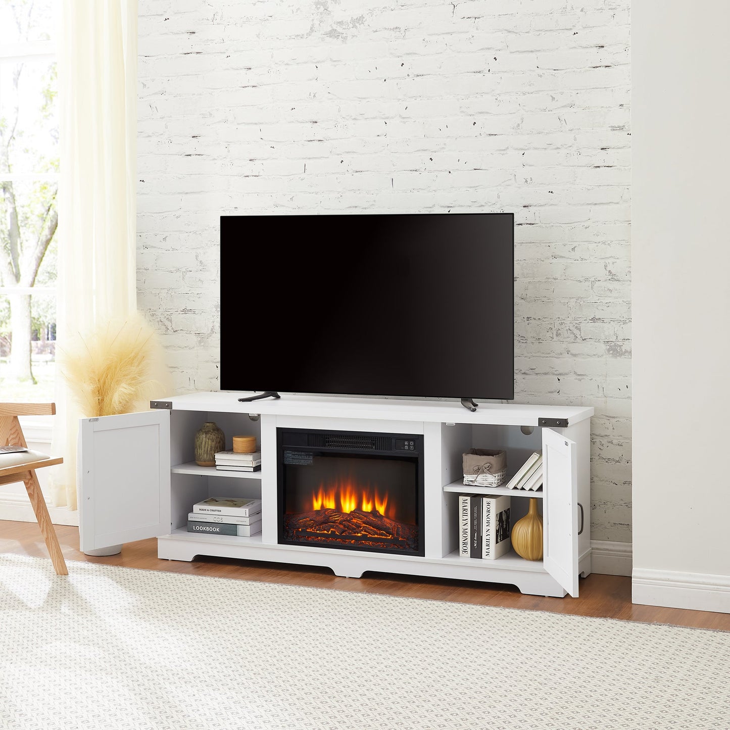 Modern Farmhouse TV Media Stand, Large Barn Inspired Home Entertainment Console, with 23' Fireplace Insert, for TV Up to 70'', with Open Shelves and Closed Cabinets, White, 64.8'W*15.67'D*24.29'H