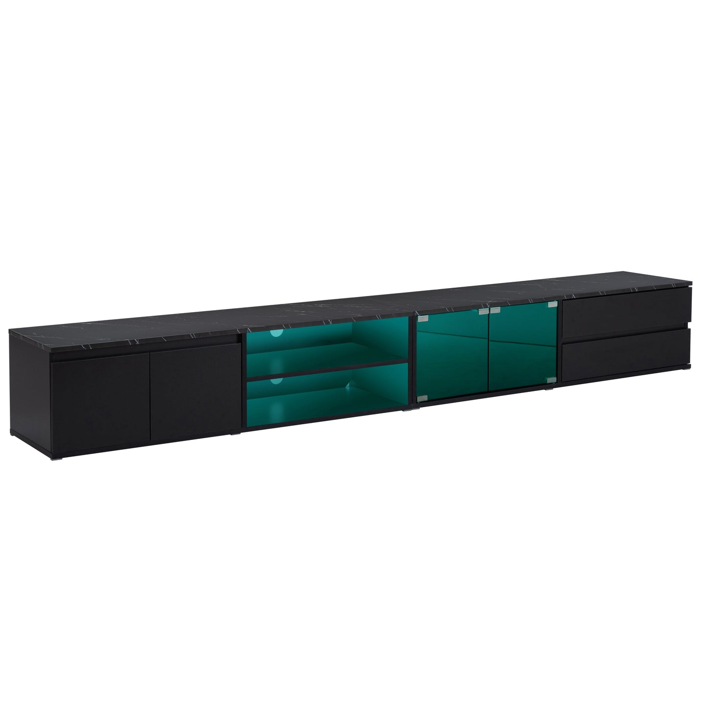 ON-TREND Modern APP Controlled LED TV Stand for TVs Up to 105'', Faux Marble Tabletop Media Console with Tempered Glass Doors, Entertainment Center with 2 Drawers & Cabinets for Living Room, Black