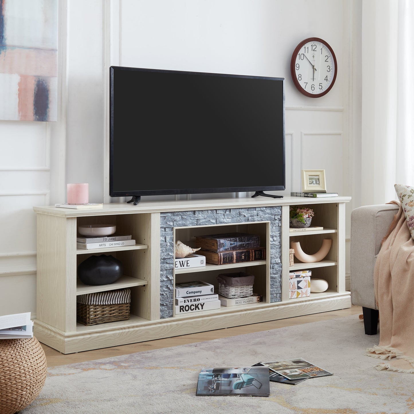 Large TV Desk Storage Rack with Faux Stacked Stone Surround,Media Console Table with Large Storage Cabinet,Modern TV Media Entertaionment Stand,WHITE, 70.12'W*15.35'D*25.83'H