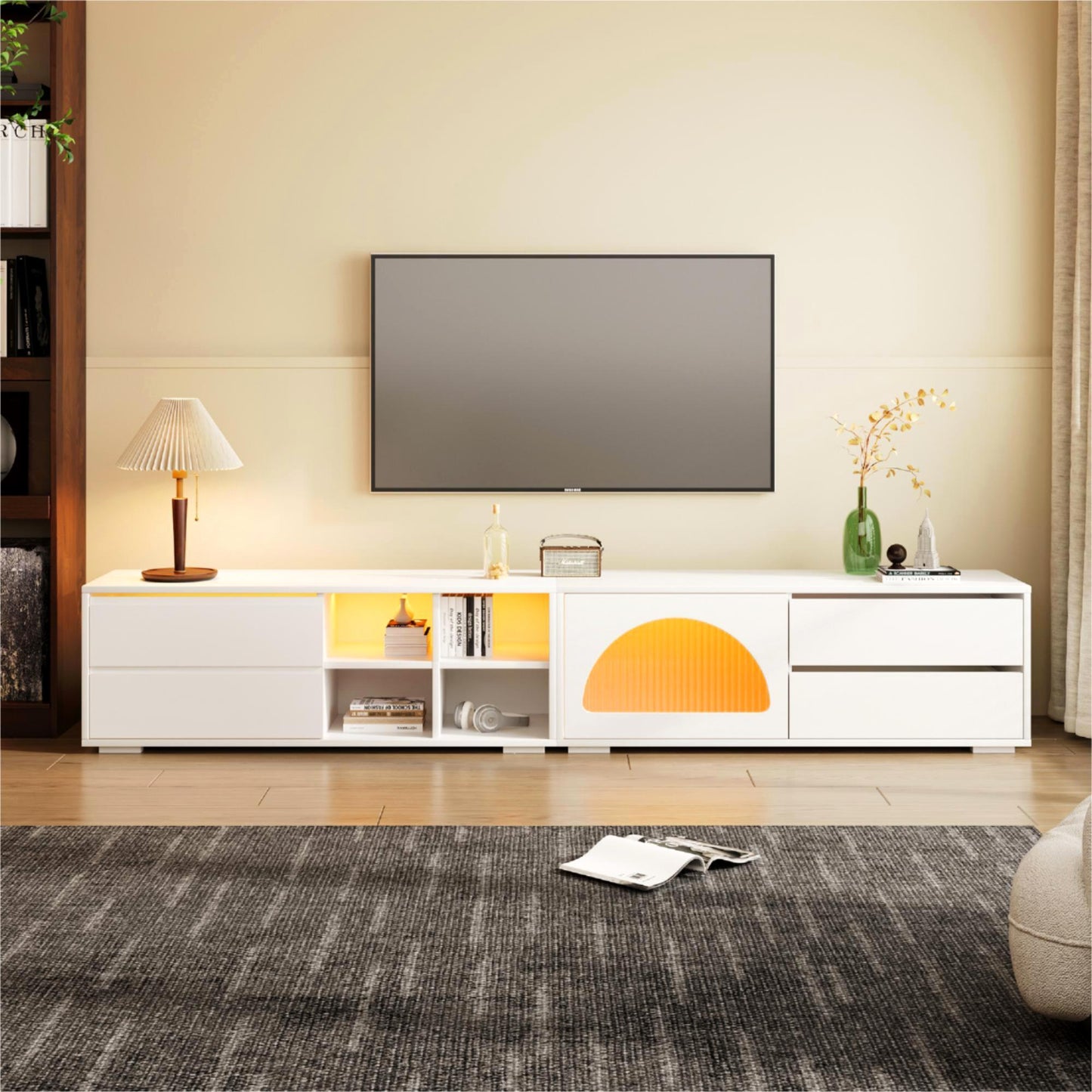 ON-TREND Modern TV Stand with Fluted Glass Door for TVs Up to 100', Media Console with Sliding Door & 2 Drawers, Free-Combination Entertainment Center with LED Light for Living Room, Bedroom, White