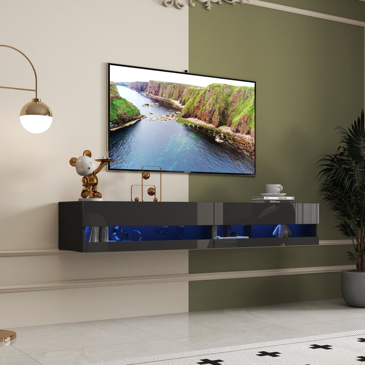180 Wall Mounted Floating 80' TV Stand with 20 Color LEDs and Charging Station