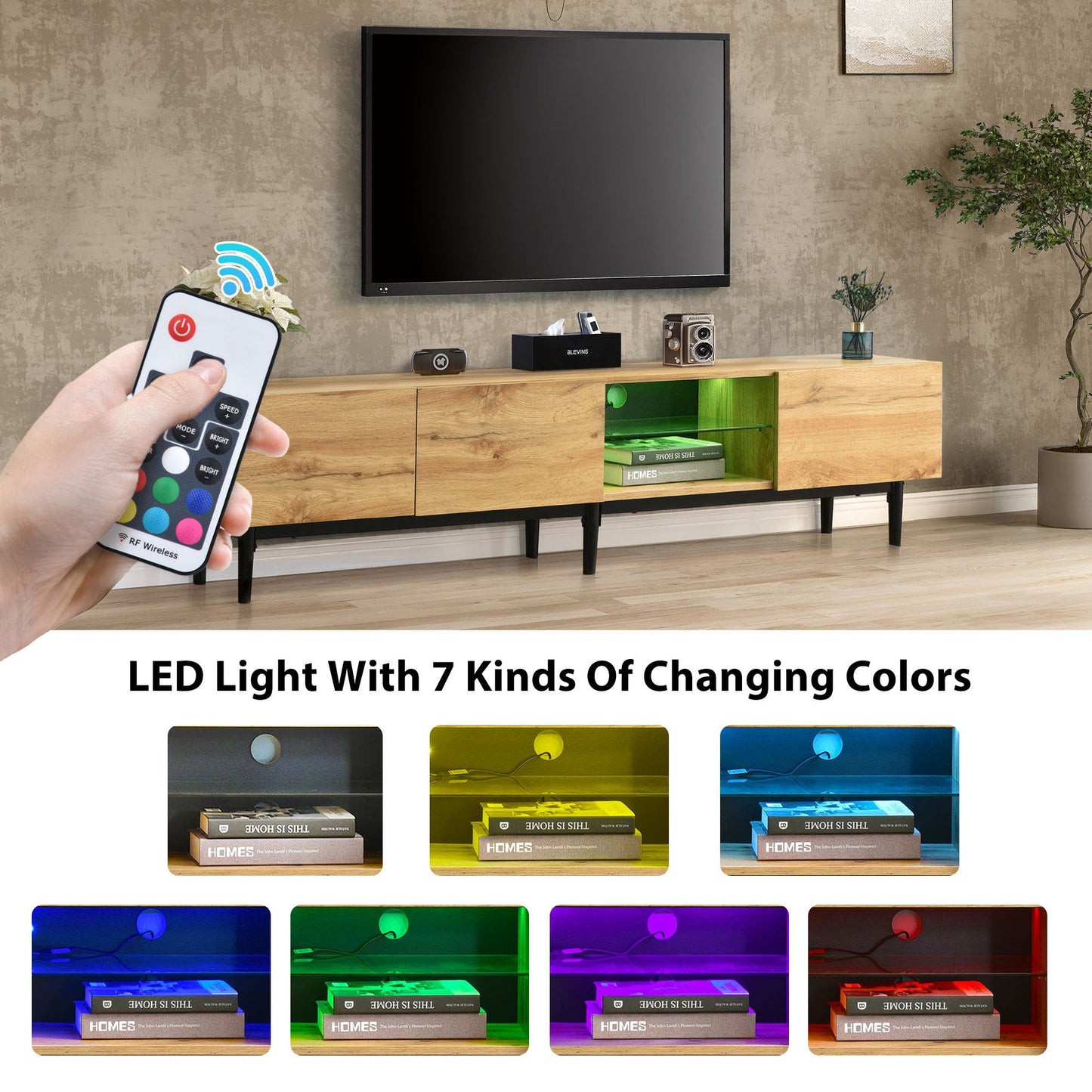Modern TV Stand with 4 Cabinets& Open Shelves, Color-matching Media Console Table for TVs up to 80'' with LED Light, Entertainment Center with Drop Down Door for Living Room, Bedroom, Home Theatre