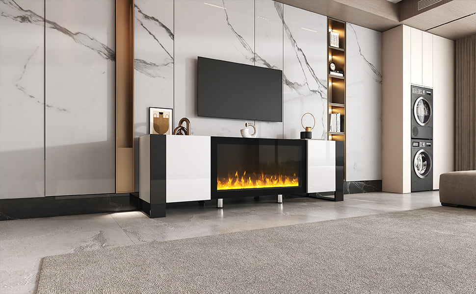ON-TREND Modern TV Stand with 34.2' Non-heating Electric Fireplace, High Gloss Entertainment Center with 2 Cabinets, Media Console for TVs up to 78', White