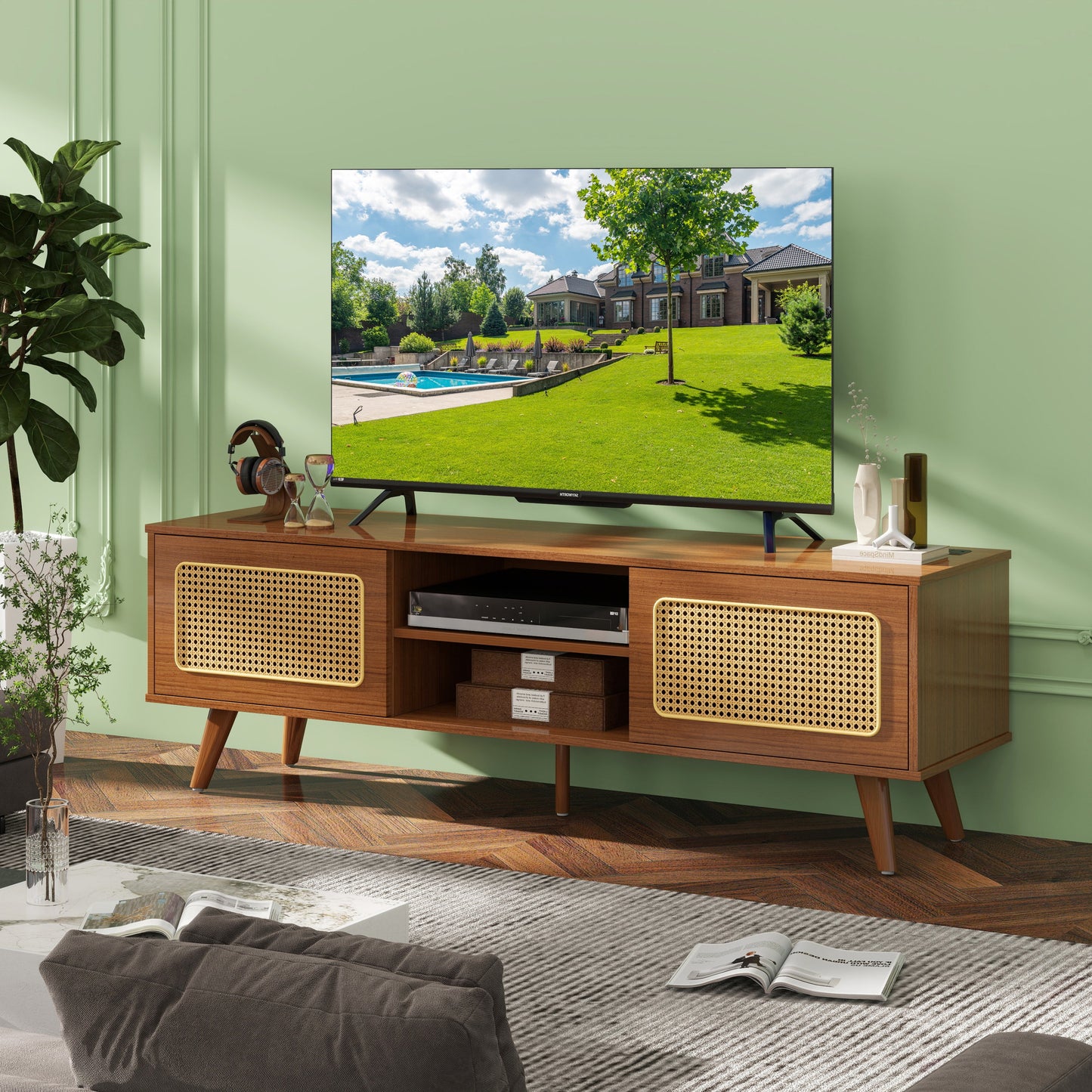 Mid Century Modern Rattan TV Stand for 55/60/65 inch TV , Entertainment Cabinet, Media Console for Living Room Bedroom Media Room, Solid Wood Feet & Rattan Cabinet Doors (Walnut, 59')