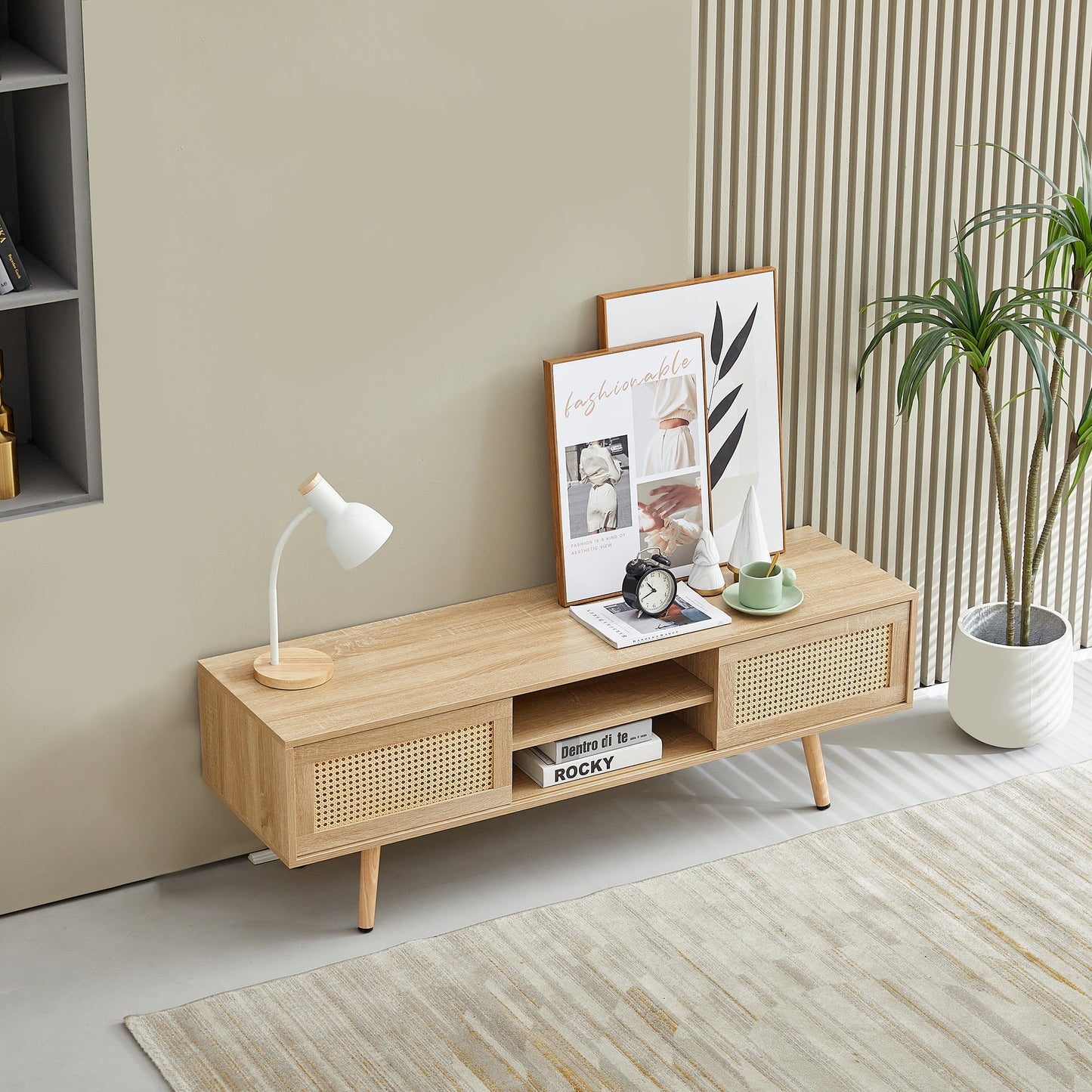 Natural Rattan TV Cabinet with Double Sliding Doors, Adjustable Shelf, Solid Wood Legs, 55.12 Inches