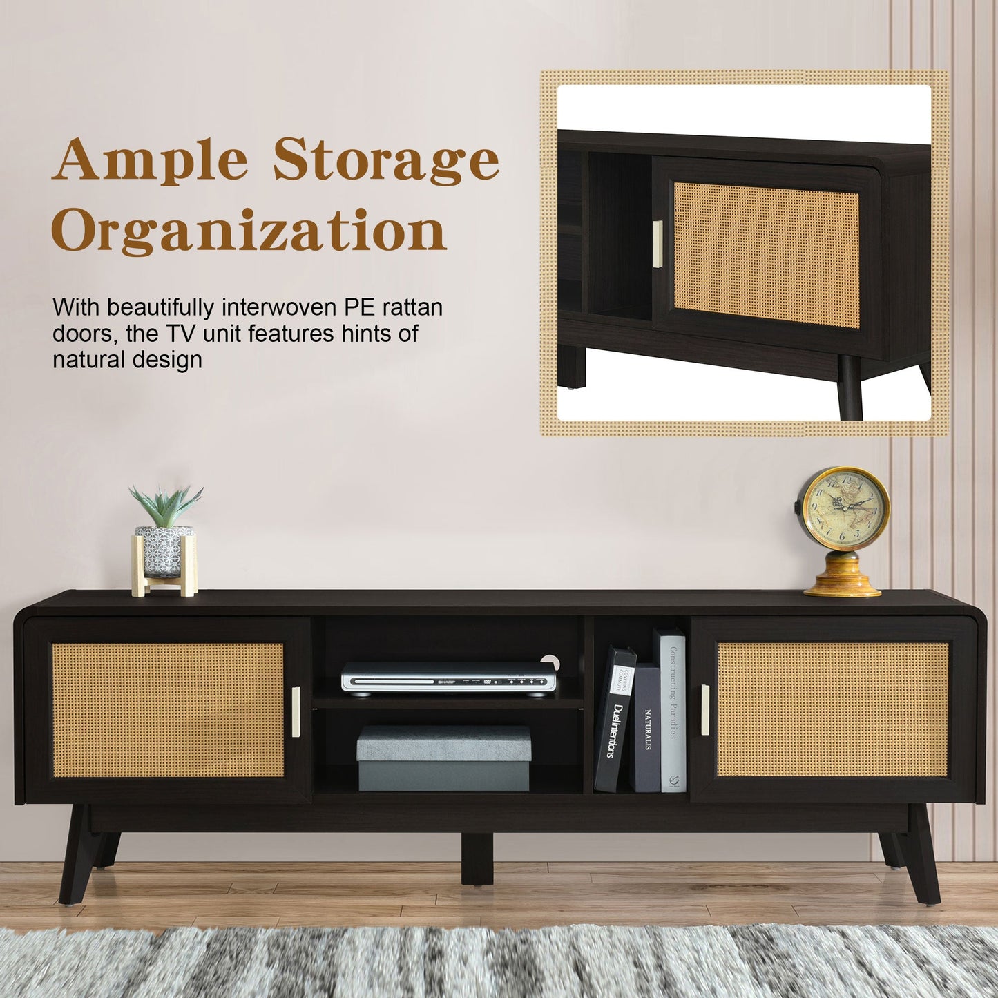 63'' Dark Rattan TV Stand with 2 Storage Cabinets for 65 Inch TV, Entertainment Center with Solid Wood Legs, Media Console Table for Living Room, Bedroom