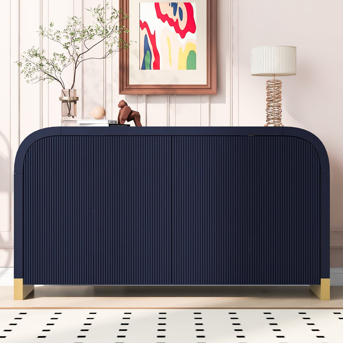 U_STYLE 4-door Curved Corner Design Wavy Door Panel Cabinet with Adjustable Shelves, Suitable for Study, Living Room and Entrance