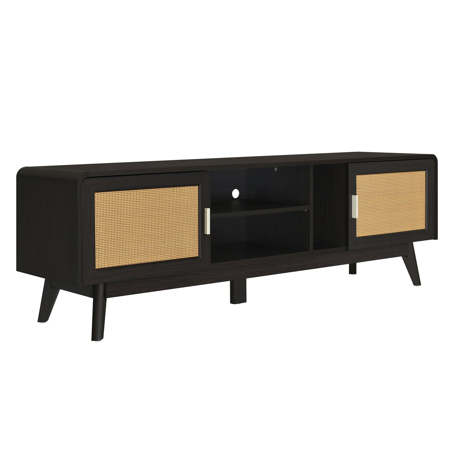 63'' Dark Rattan TV Stand with 2 Storage Cabinets for 65 Inch TV, Entertainment Center with Solid Wood Legs, Media Console Table for Living Room, Bedroom