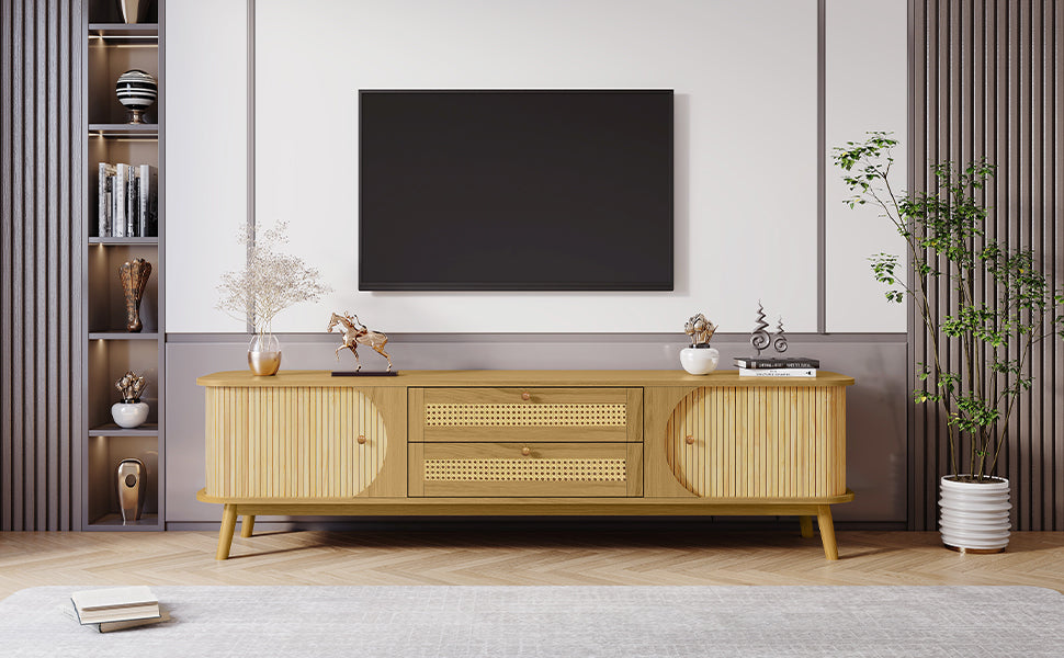 Rattan TV Stand for TVs up to 75'', Modern Farmhouse Media Console, Entertainment Center with Solid Wood Legs, TV Cabinet for Living Room,Home Theatre