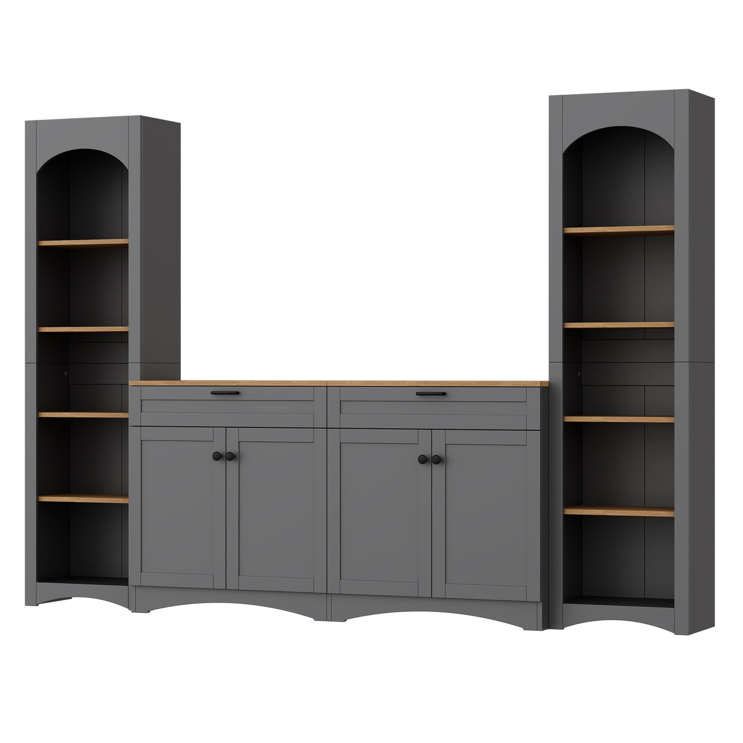 ON-TREND 3-Piece Farmhouse Entertainment Center with Storage Cabinet for TVs Up to 70', Mid-Century TV Stand with Bookshelf, Rustic Versatile Sideboard with Adjustable Shelves for Living Room, Grey