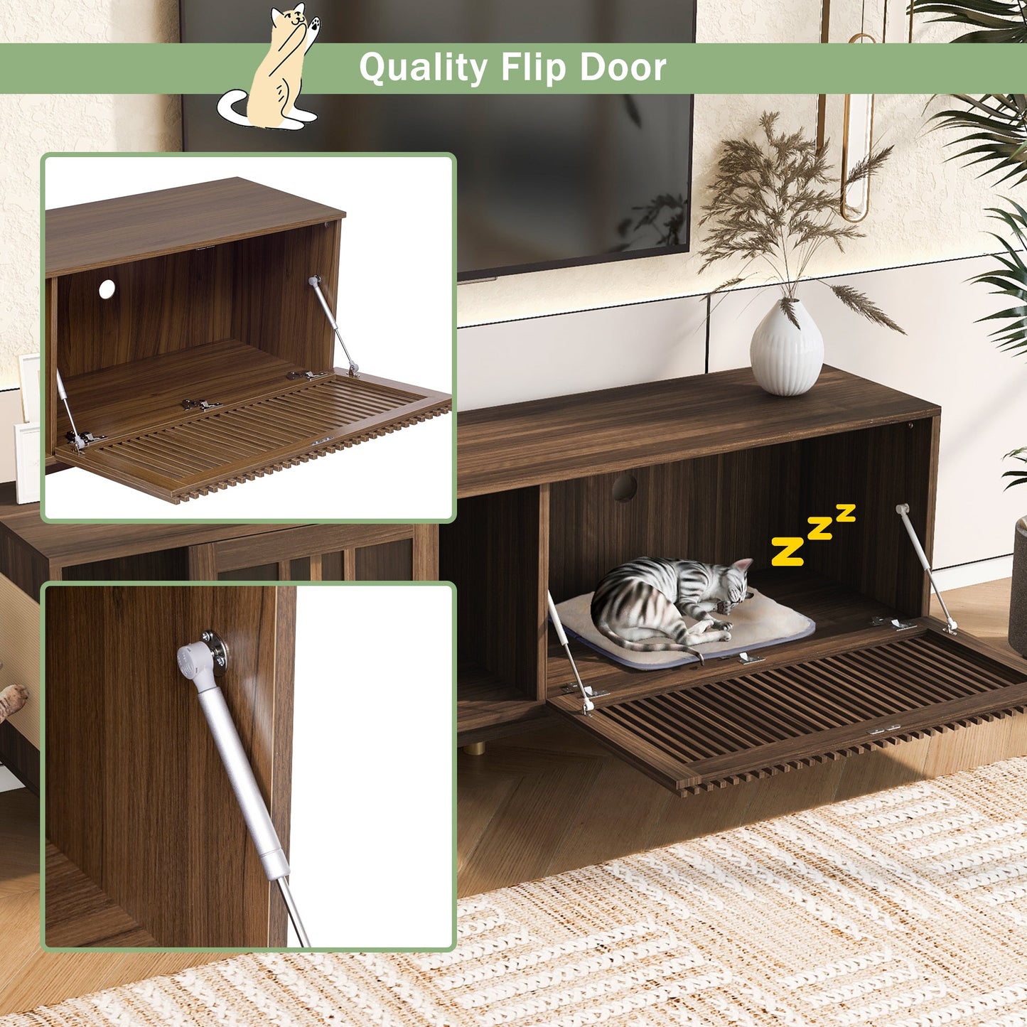 Mid-Century Modern style 2 IN 1 Cat Furniture Walnut TV STAND with Cat Scratcher, Cat house With Sliding Flip-down glass door