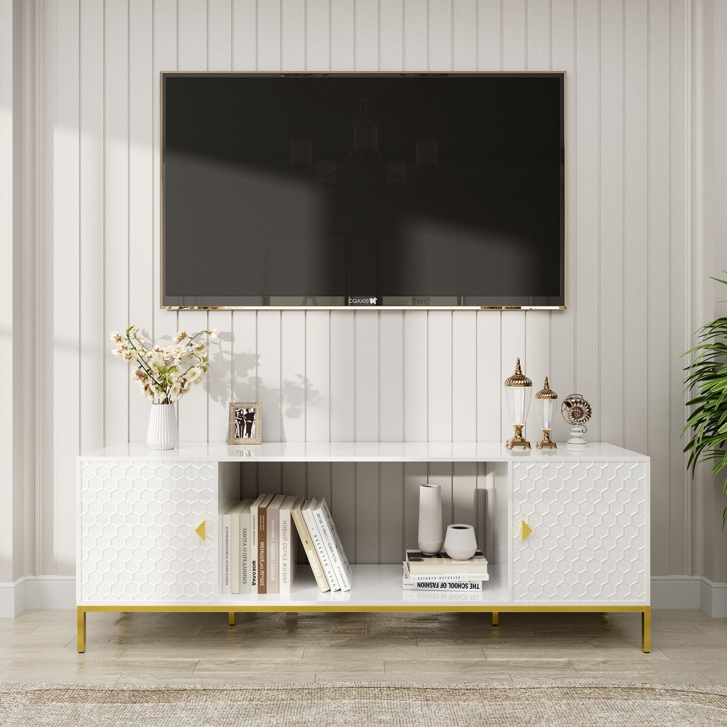 70 Inch TV Stand, Heavy Duty Wood Media Entertainment Center Console with Cabinet Storage & Open Shelves for Living Room, Modern Design (White)