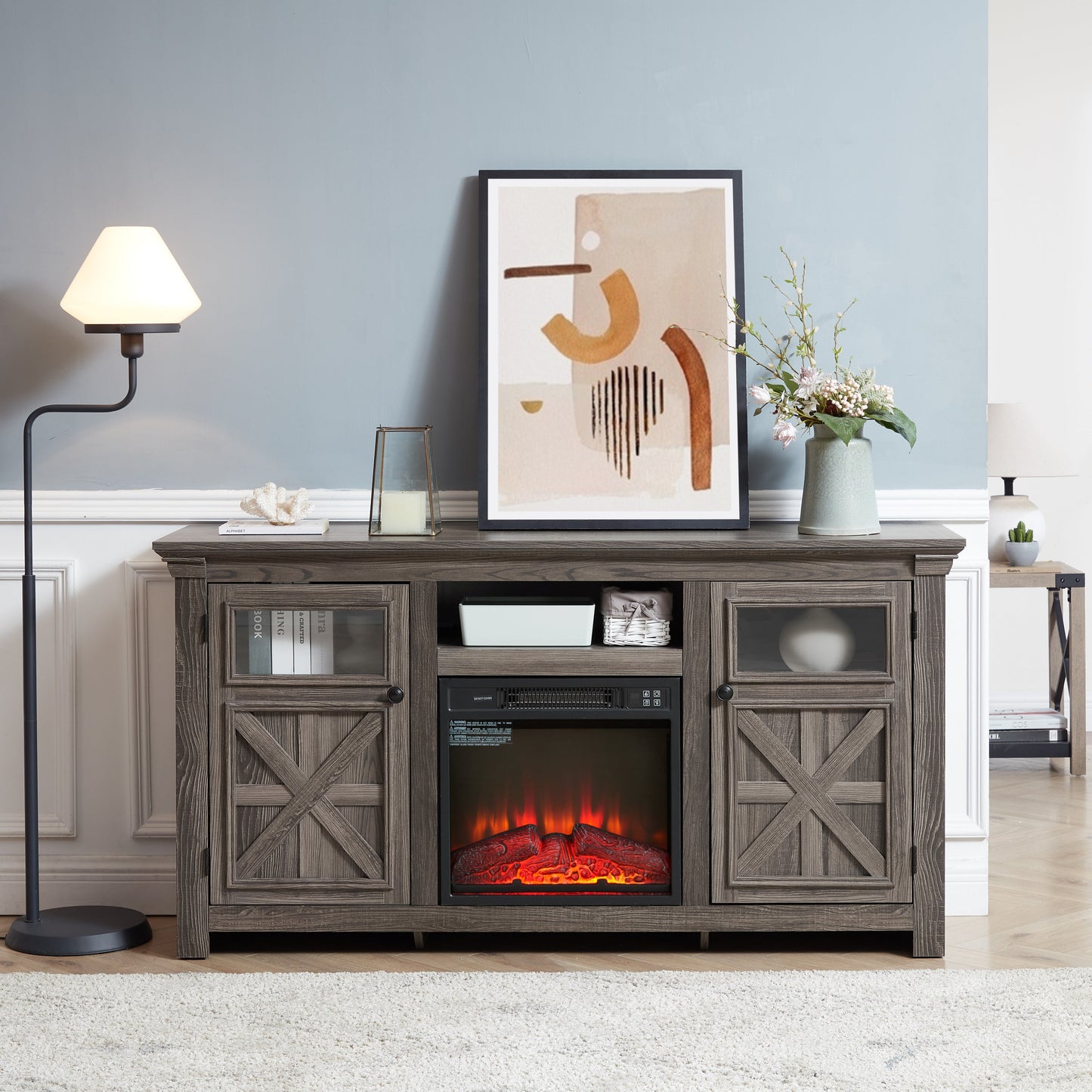 2 Doors Cabinet Farmhouse Cabinet, Farmhouse TV Stand Barn Design,Farmhouse TV Media Stand, Large Barn Inspired Home Entertainment Console with 18' fireplace insert,GREY, 60.23'W*15.35'D*31.7'H