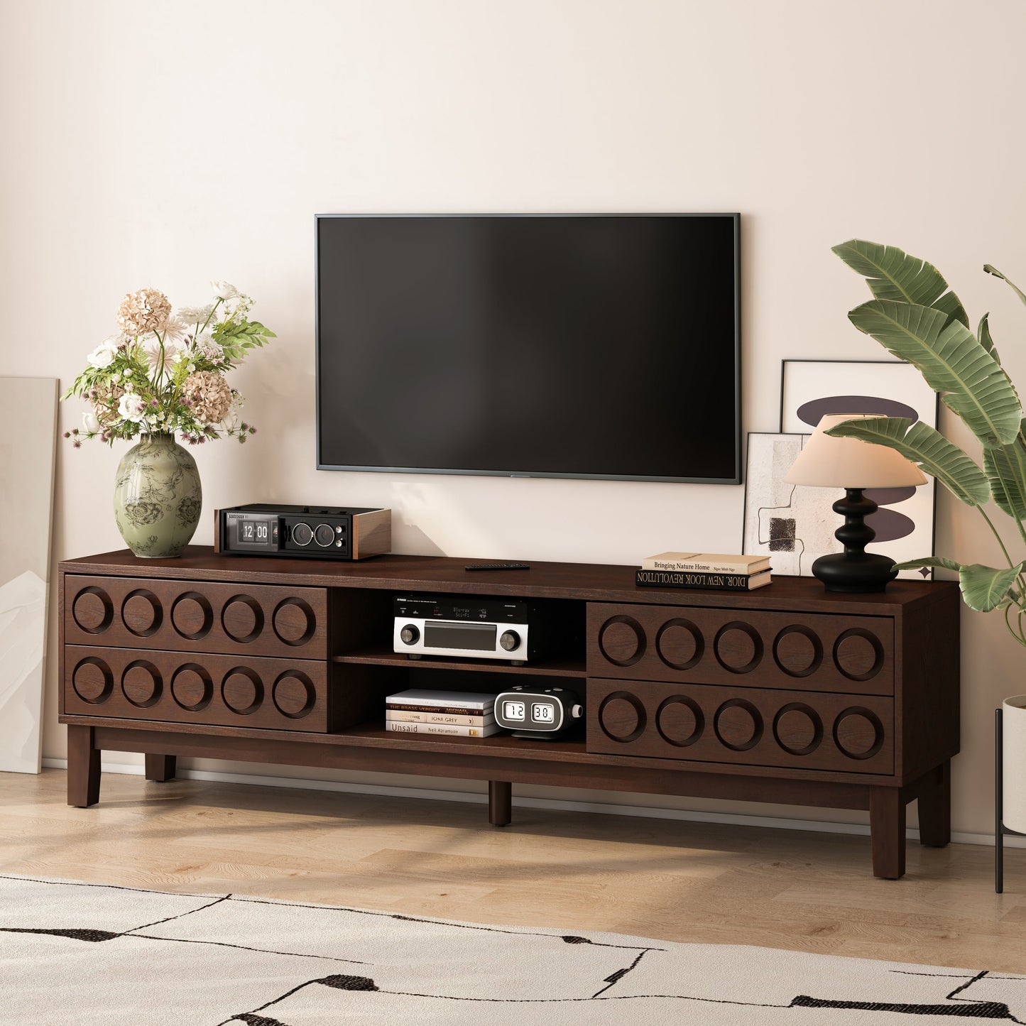 TV Stand for TVs up to 75', Media Console with 4 Drawers, Entertainment Center with Storage for Living Room and Bedroom(Dark Brown)