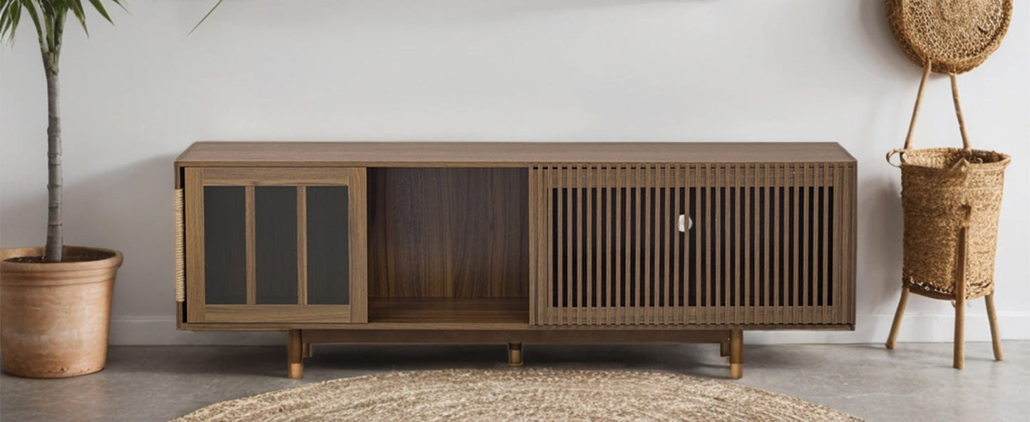 Mid-Century Modern style 2 IN 1 Cat Furniture Walnut TV STAND with Cat Scratcher, Cat house With Sliding Flip-down glass door