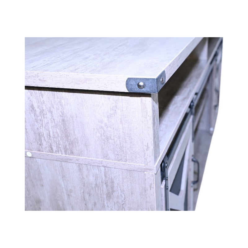 65.3' TV Stand with LED light strips and Iron mesh barn door Y decorative strip country grey farmhouse style