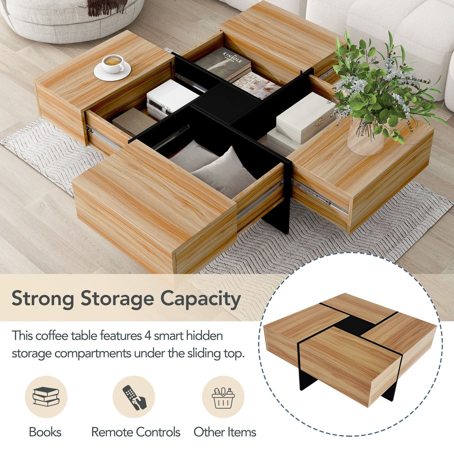 ON-TREND Unique Design Coffee Table with 4 Hidden Storage Compartments, Square Cocktail Table with Extendable Sliding Tabletop, UV High-gloss Design Center Table for Living Room, 31.5'x 31.5'