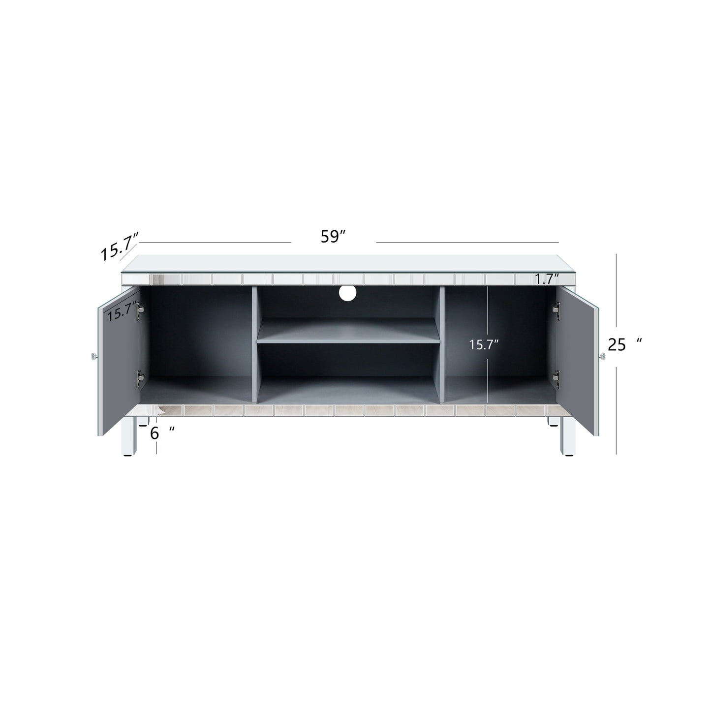 Mirrored TV Stand for 65+ inch TV,Sliver TV Console Table with Open Storage & 2 Storage Cabinets ,M Shape Sparkling Mirror Doors for Living Room(59''W x 25.2''H x 15.7D)