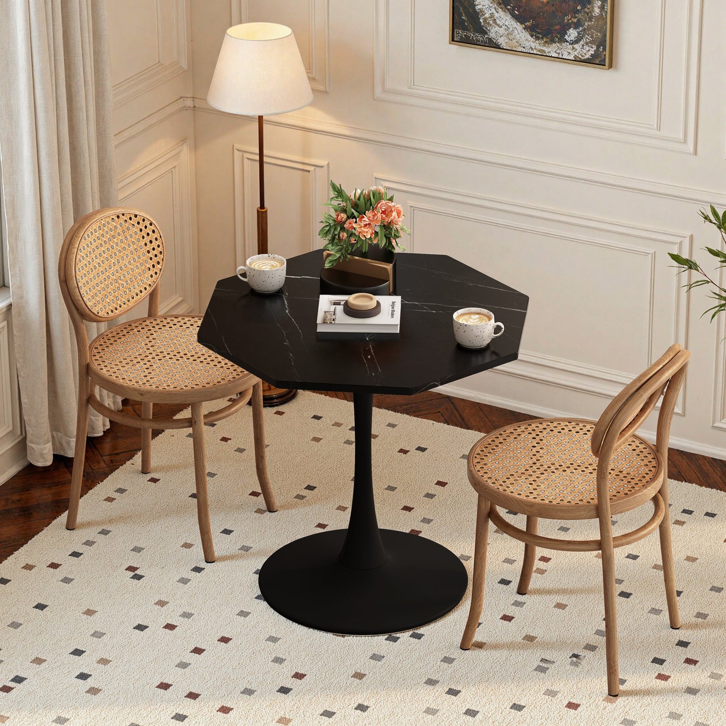 31.50'Modern Octagonal Coffee Table with Printed Black Marble Table Top,Metal Base, for Dining Room, Kitchen, Living Room