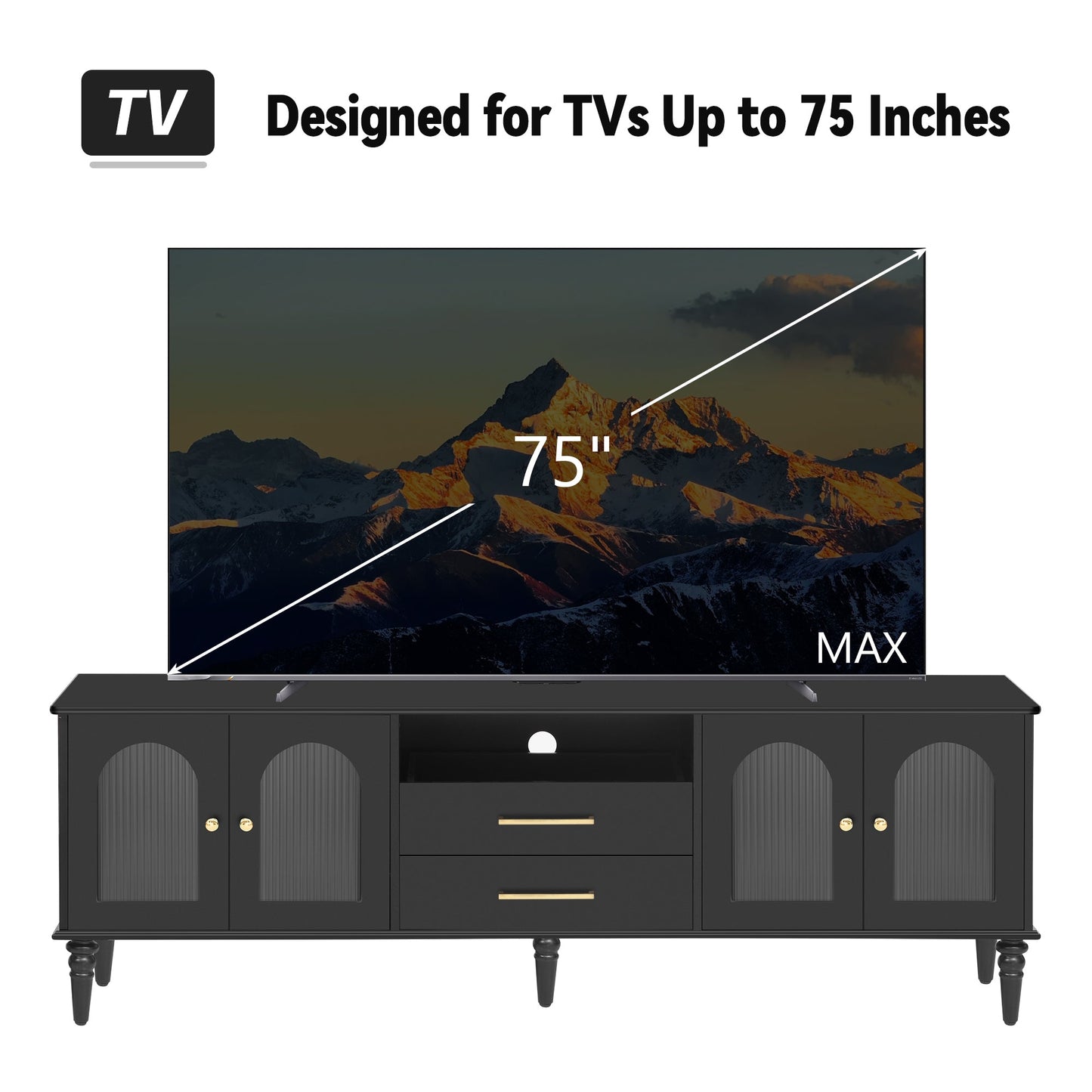 U-Can 68.9'' Retro TV Stand for TVs up to 75 Inches, Entertainment Center Media Console with Fluted Glass Doors and Five Solid Wood Legs for Living room(OLD SKU:N724P198468B)