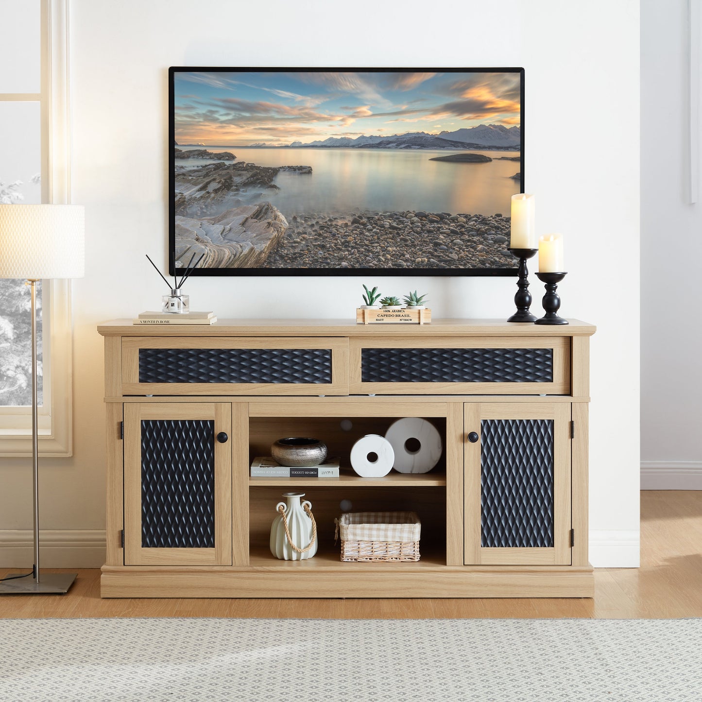 Embossed Pattern TV Stand, TV and Media Console with Open and Closed Storage Space and sliding door for Living Room & Bedroom, LIGHT OAK, 58.27'W*15.35'W*31.7H