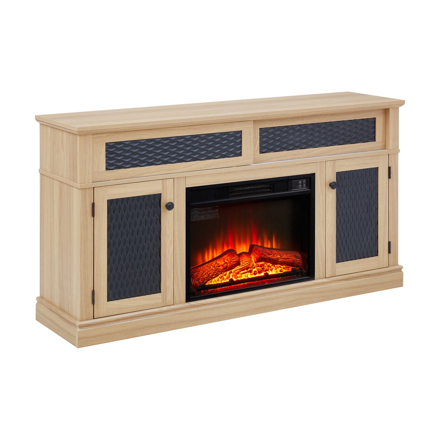 Embossed Pattern TV Stand with 23' fireplace insert,, TV and Media Console with Open and Closed Storage Space and sliding door for Living Room & Bedroom,LIGHT OAK, 58.27'W*15.35'W*31.7H