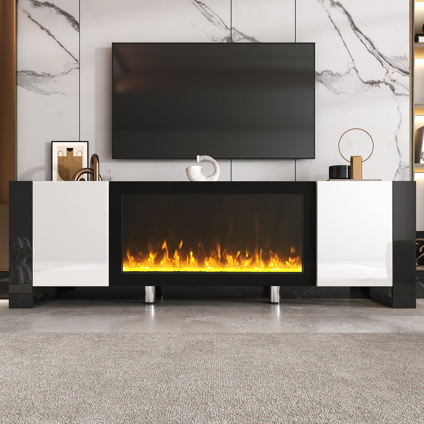 ON-TREND Modern TV Stand with 34.2' Non-heating Electric Fireplace, High Gloss Entertainment Center with 2 Cabinets, Media Console for TVs up to 78', White