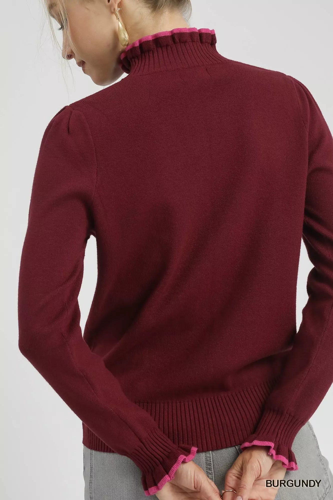 Umgee Ribbed Round Neck Sweater with Ruffle Contrast Trim - Lee's Retail