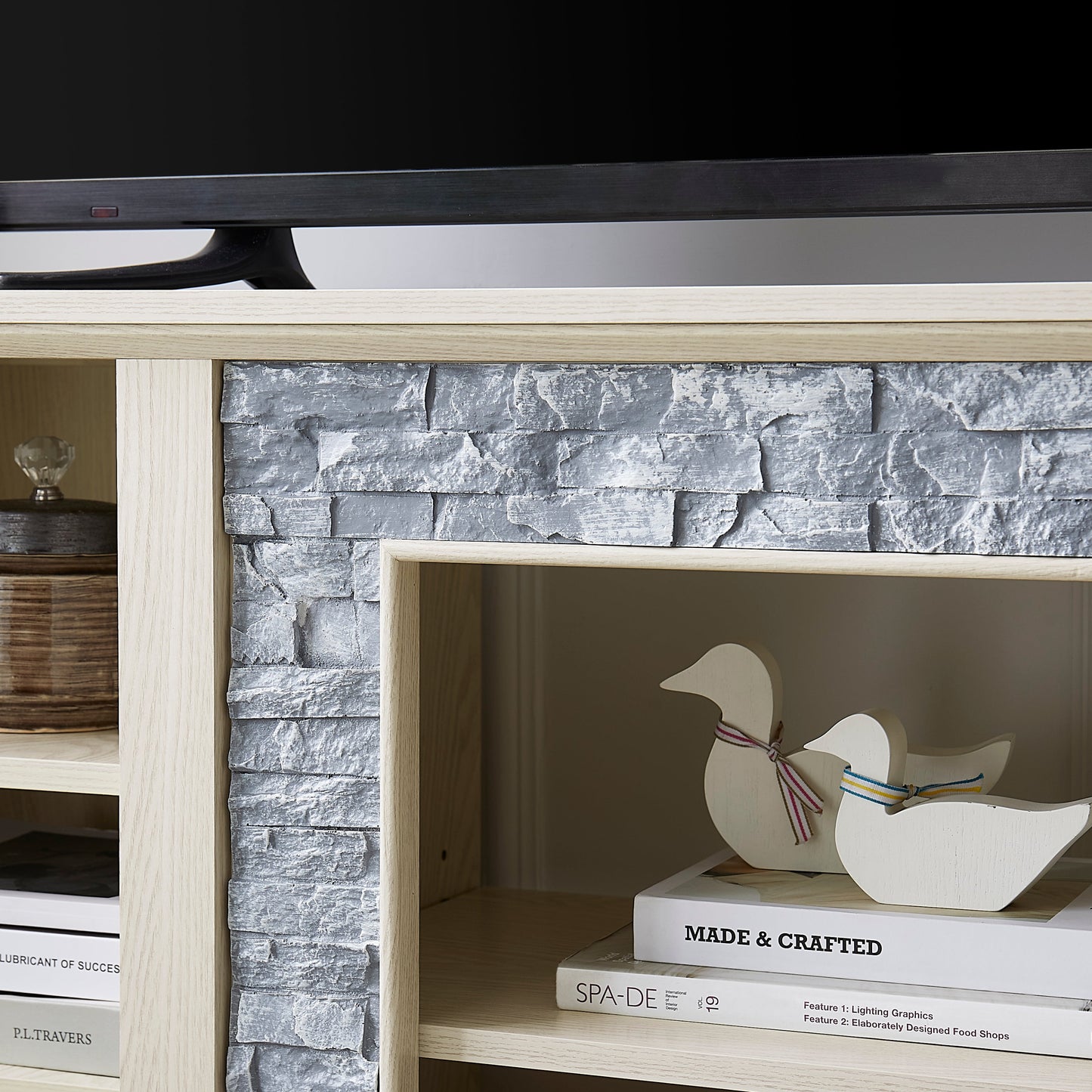Mantel Stone TV Media Stand with with Faux Stacked Stone Surround, Modern Entertainment Console with Open Storage Space,WHITE, 58.31'W*15.39'D*26.06'H